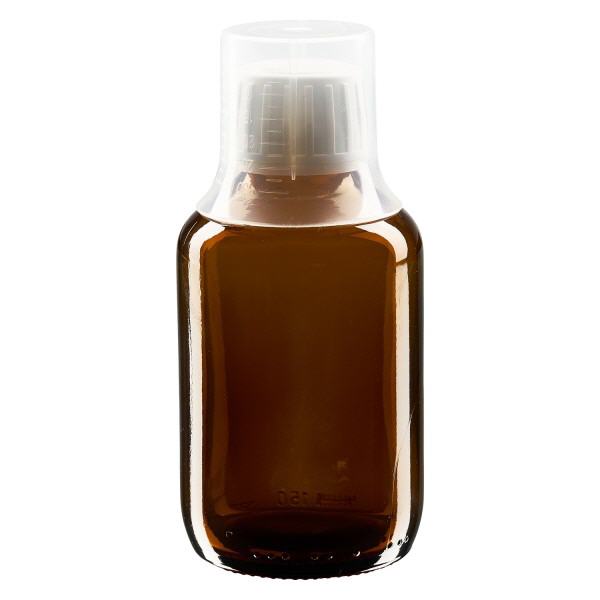 Flacone per medicinali da 150 ml marrone, tappo OV con coppetta dosatrice 3