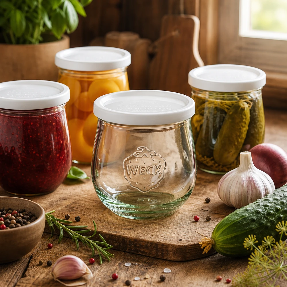 Vaso a tulipano WECK 370ml RR80 in scena di cucina con conserve, spezie ed erbe aromatiche disposte su tavola di legno