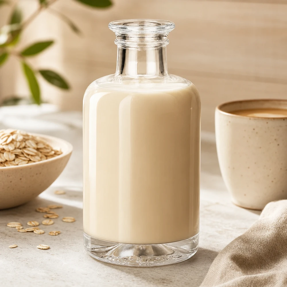 Flacone farmaceutico da 100 ml Sofia senza tappo UNiTWIST® Bottiglia di vetro Sofia da 100 ml riempita di latte d'avena accanto a fiocchi d'avena e tazza su sfondo chiaro