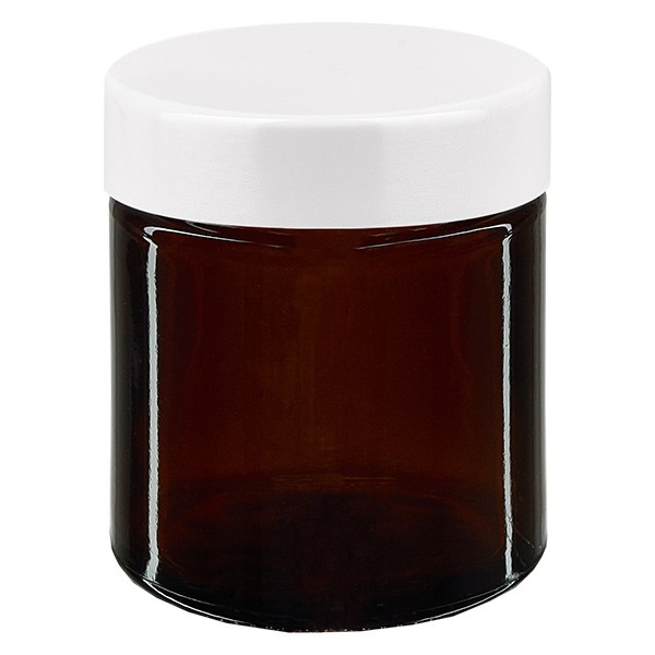 Barattolo di vetro da 30ml marrone, con coperchio in bachelite bianca ApoGlas Barattolo di vetro da 30ml marrone, con coperchio in bachelite bianca ApoGlas