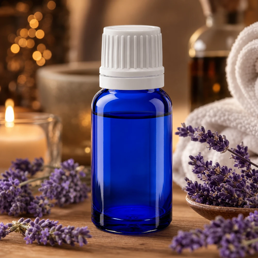 10ml blu Apofl. SV OV bianco/11mm ApoGlas Piccolo flacone di vetro da 10 ml di colore blu con tappo di sicurezza per bambini bianco, per oli essenziali