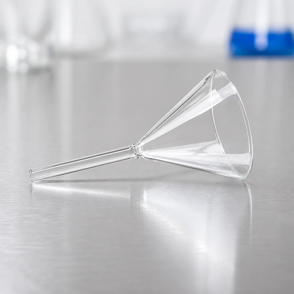 Imbuto Ø 80mm per calce sodata, angolo 60°, stile corto Robusto imbuto da laboratorio in vetro sodico-calcico dal design compatto, ideale per uno stoccaggio salvaspazio