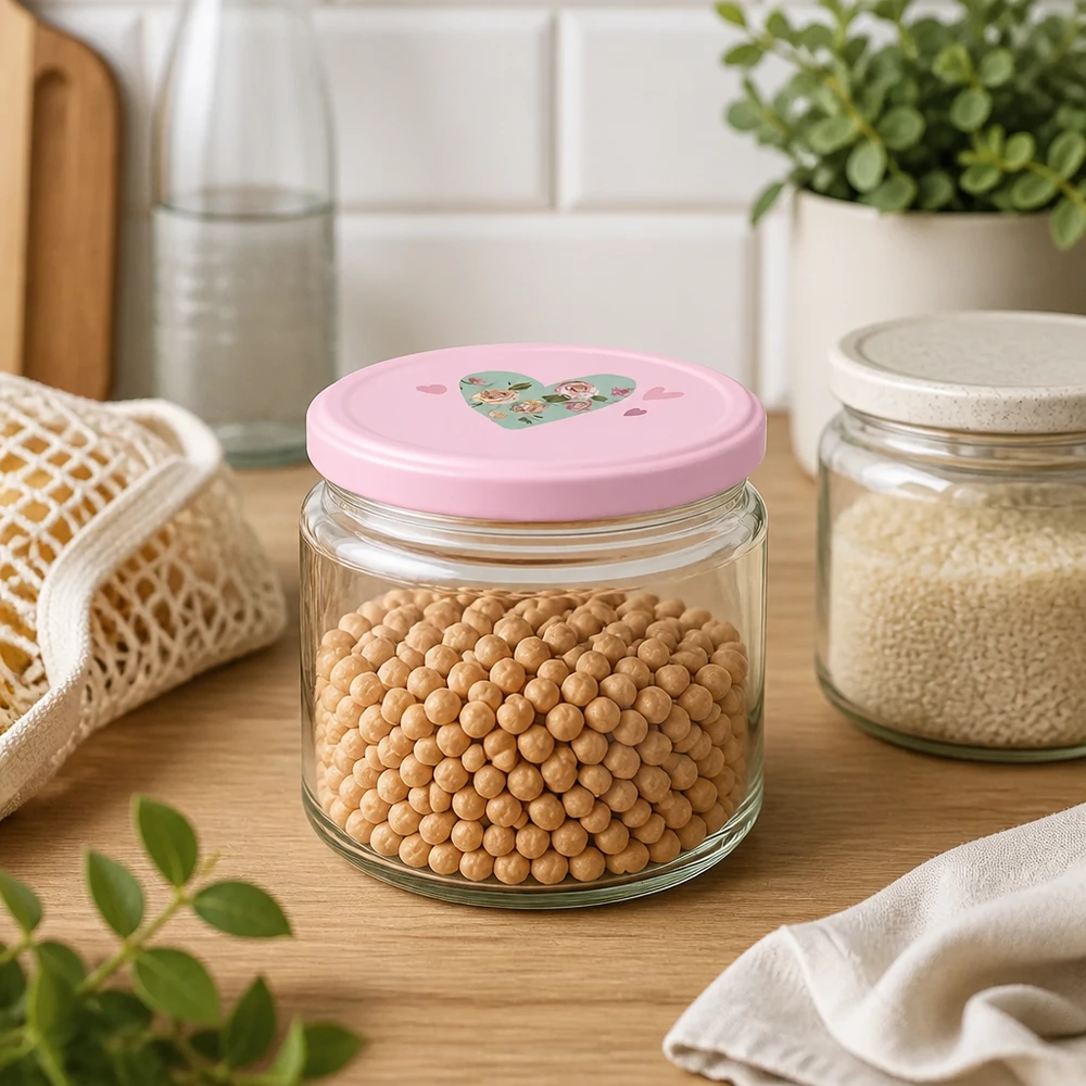 Barattolo rotondo da 330 ml con coperchio rosa a forma di cuore riempito di ceci in una cucina moderna accanto a barattoli di stoccaggio