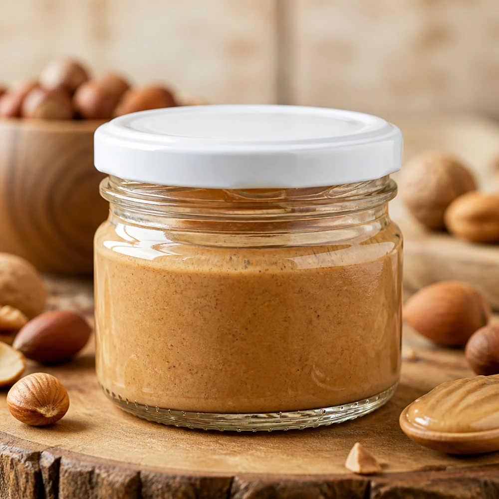 Vasetto di vetro da 33 ml UNiTWIST con coperchio bianco e crema di nocciole circondata da nocciole fresche