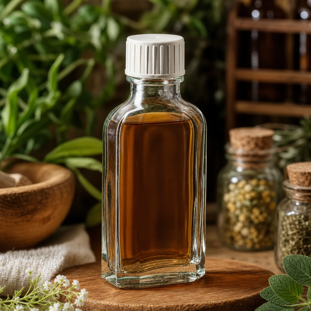 50 ml Meplat tappo a vite trasparente con anello versatore Flacone di vetro rettangolare da 50 ml con anello versatore, contenente una tintura di erbe, su un tagliere di legno