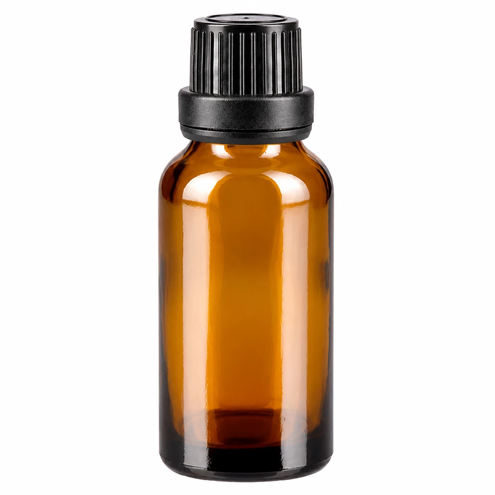 Flacone in vetro marrone da 20 ml con tappo originale nero e contagocce da 2 mm in vetro da farmacia