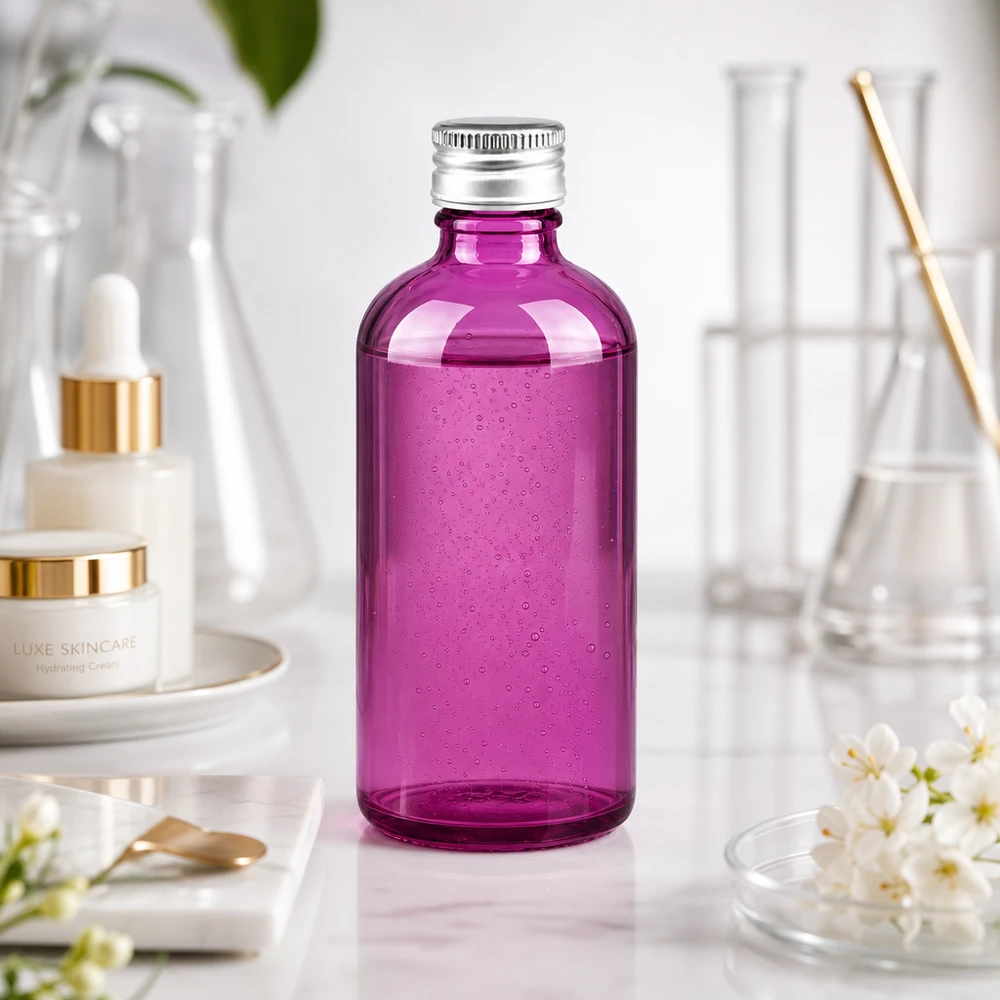 Bottiglia da 100 ml. Tappo a vite da 11 mm alluminio-argento standard PurpleLine. UT18/100 Flacone professionale da 100 ml di colore viola per aromaterapia e prodotti di cura di alta qualità