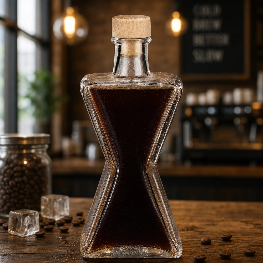Bottiglia in vetro da 200 ml Star con tappo in sughero con impugnatura in legno UNiTWIST® 200ml Glasflasche Star mit Kaffeelikör befüllt - Holzkorken UNiTWIST in stilvoller Café-Atmosphäre mit Kaffeebohnen