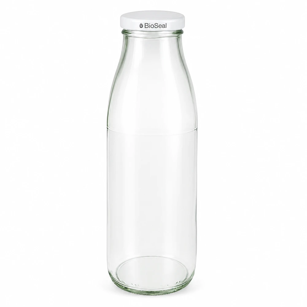 Bottiglia di vetro da 500 ml + coperchio BioSeal bianco UN.. Bottiglia in vetro da 500 ml con coperchio BioSeal bianco, trasparente, certificata UN, bottiglia per alimenti e bevande