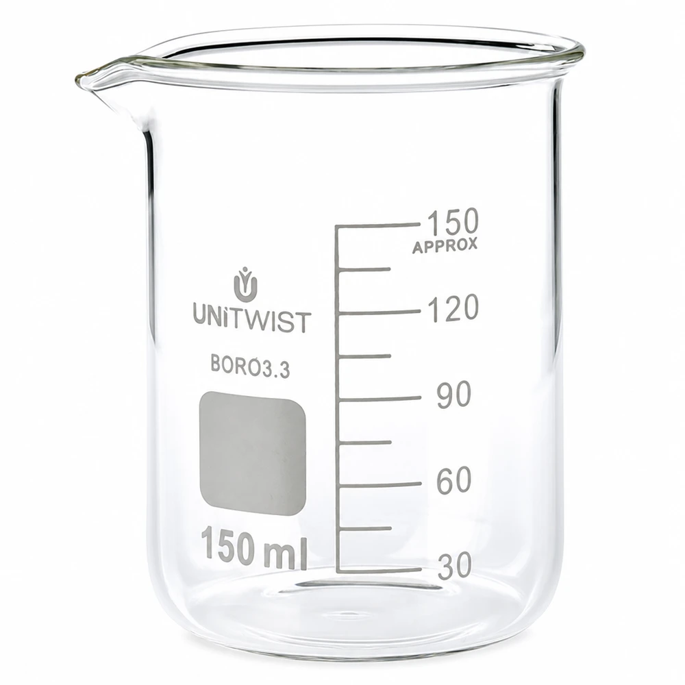 Bicchiere da laboratorio da 150 ml in borosilicato, forma bassa, UNiTwist, trasparente, con scala graduata fino a 150 ml