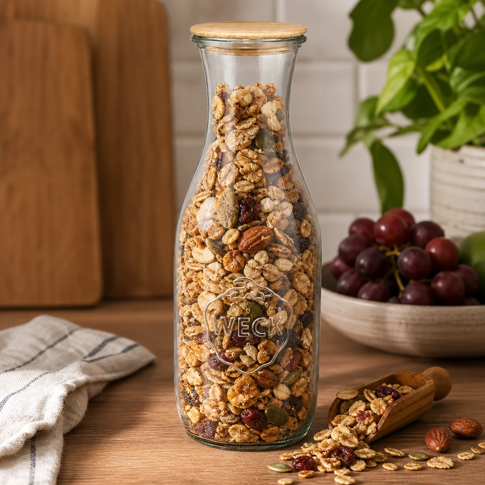 Bottiglia di succo WECK da 1062 ml con coperchio in legno riempita di muesli e noci su un tavolo in legno accanto a uva e paletta