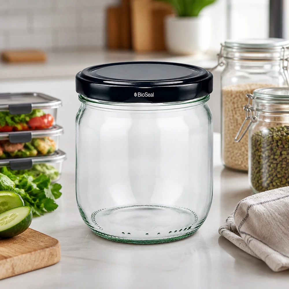 Barattolo rotondo da 425 ml con coperchio BioSeal nero UNiTWIST. 425 ml di vetro rotondo BioSeal nero vuoto sul piano di lavoro della cucina, accanto a verdure e barattoli di conservazione, mostra la disponibilità all'uso