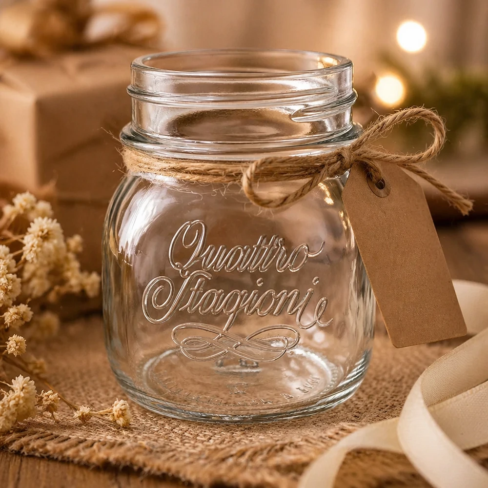 Barattolo da 150ml "Quattro Stagioni" Barattolo domestico Quattro Stagioni da 150 ml con coperchio e nastro di iuta, barattolo decorativo per conserve su un tavolo di legno rustico