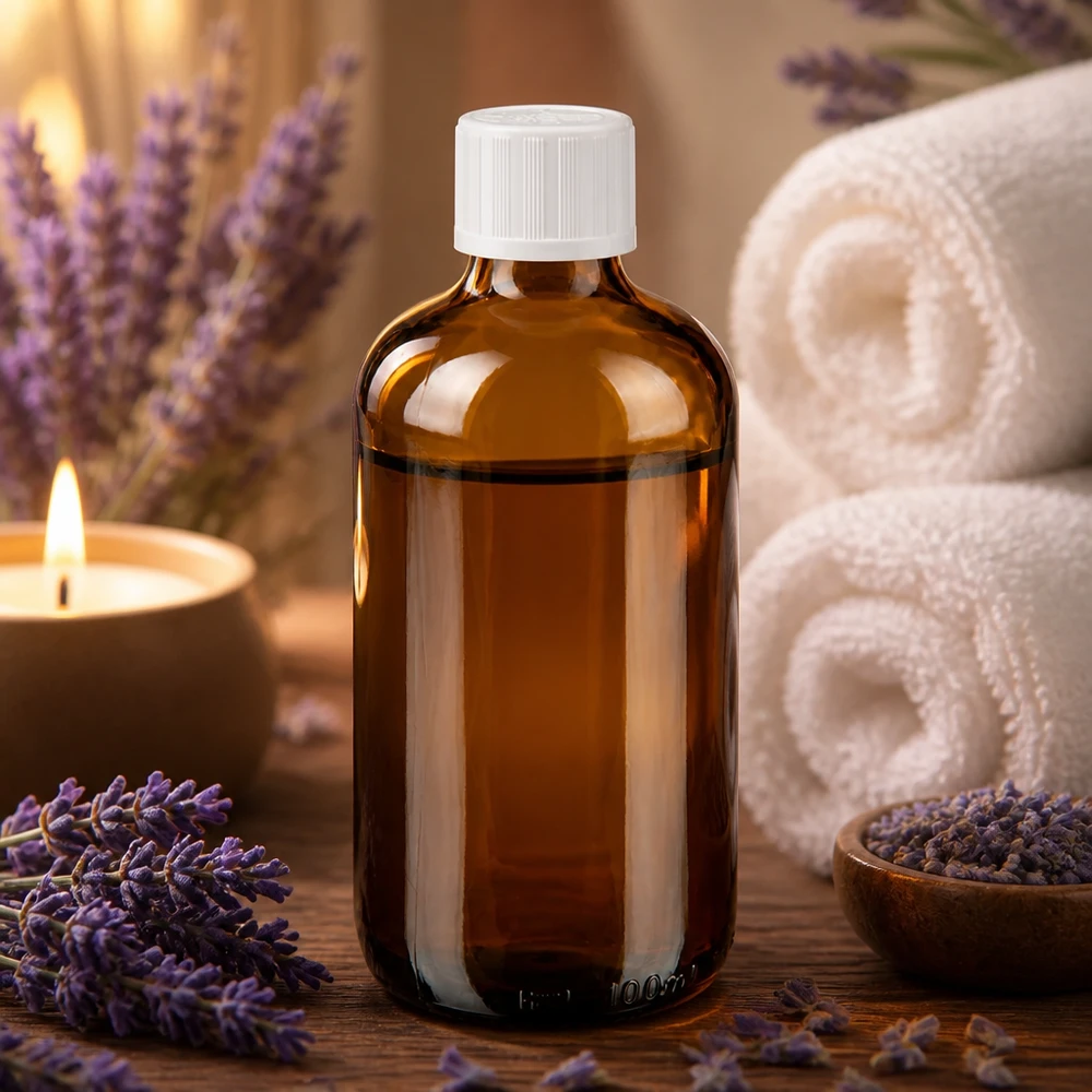 Bottiglia di vetro marrone da 100 ml con tappo a vite bianco, tra fiori di lavanda e una candela