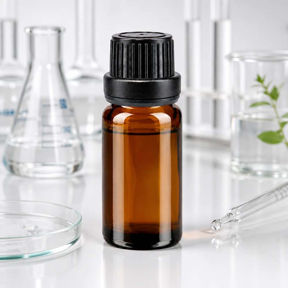 Flacone contagocce da 10 ml di colore marrone con inserto contagocce da 2 mm e tappo OV nero in ambiente di laboratorio