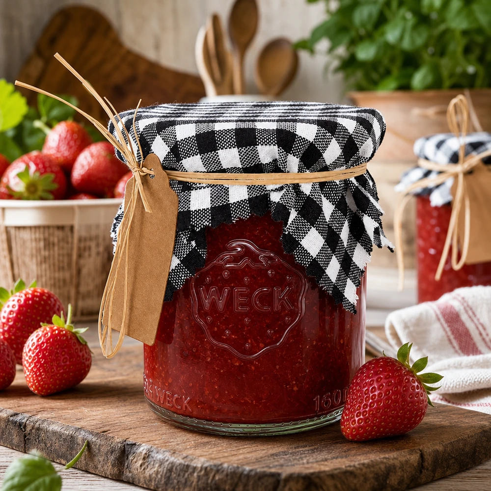 Centrino in tessuto a scacchi bianchi e neri su un barattolo di marmellata con fragole, decorazione rustica da cucina in stile vintage