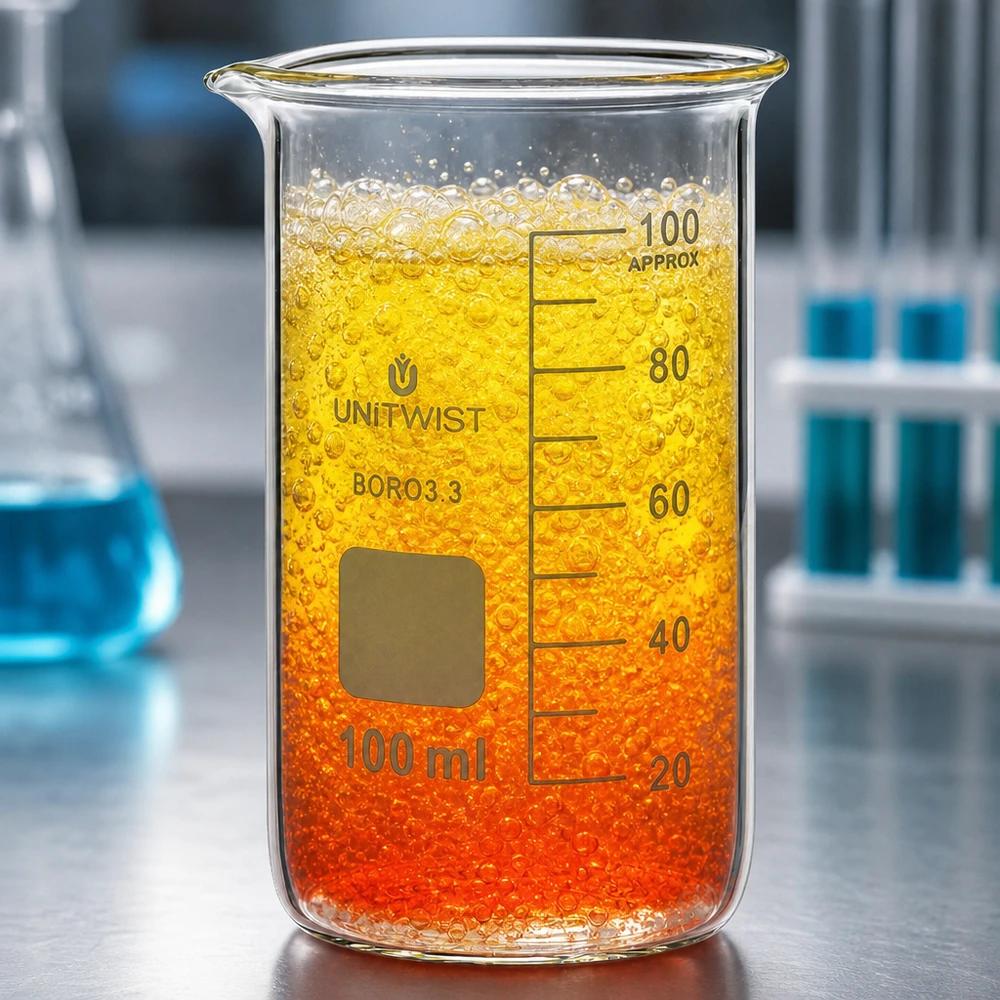 Vaso di borosilicato UNITWIST da 100 ml, modello alto, con liquido di reazione gorgogliante di colore giallo-arancio