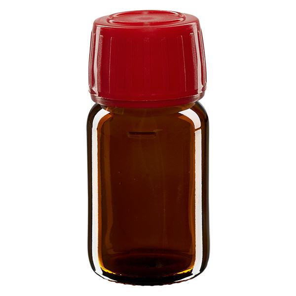 Flacone per medicinali da 30 ml marrone, tappo rosso con chiusura antimanomissione