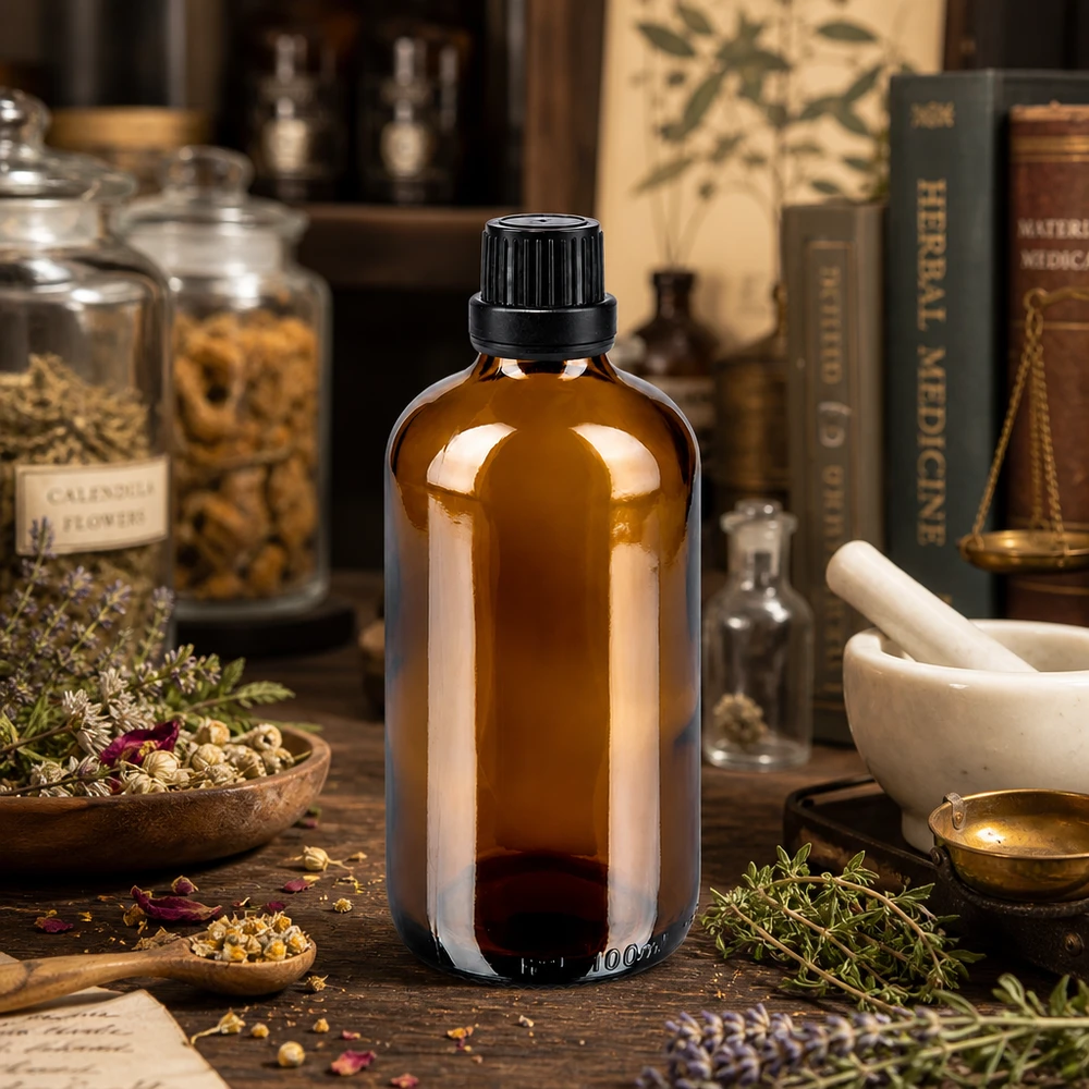 Bottiglia da farmacia marrone da 100 ml. SV OV nero/11mm ApoGlas Flacone da farmacia marrone in vetro da 100 ml con tappo nero da 11 mm, tra erbe medicinali e mortaio