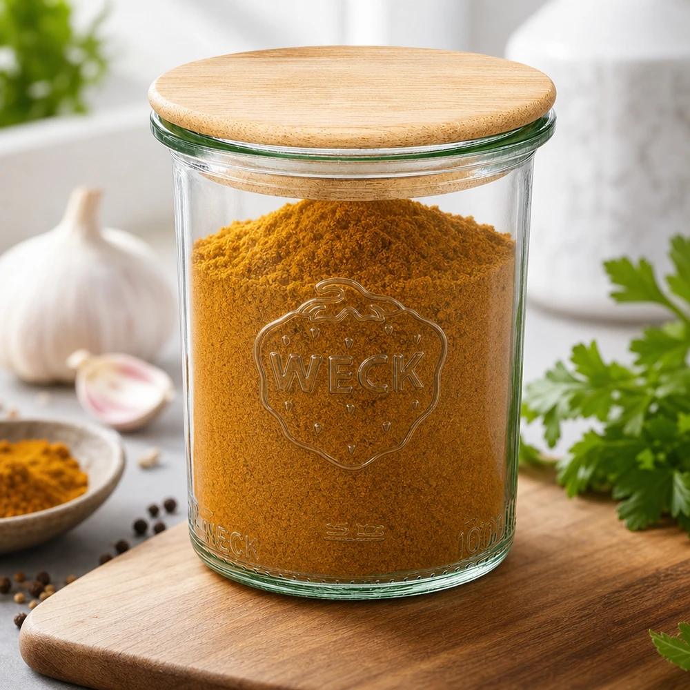 Bicchieri WECK RR60 da 160 ml con coperchio in legno WECK 160ml RR60 vaso in muratura con coperchio in bambù riempito con curcuma spezie consiglio da cucina aglio erbe aromatiche