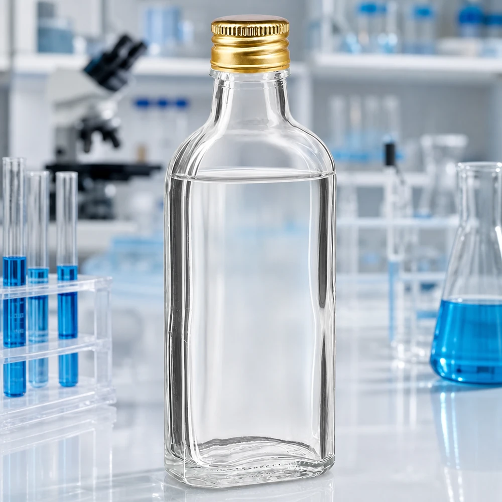 100 ml Meplat trasparente con tappo in alluminio oro PP22 Flacone trasparente Meplat da 100 ml con tappo in alluminio PP22 dorato in un laboratorio scientifico