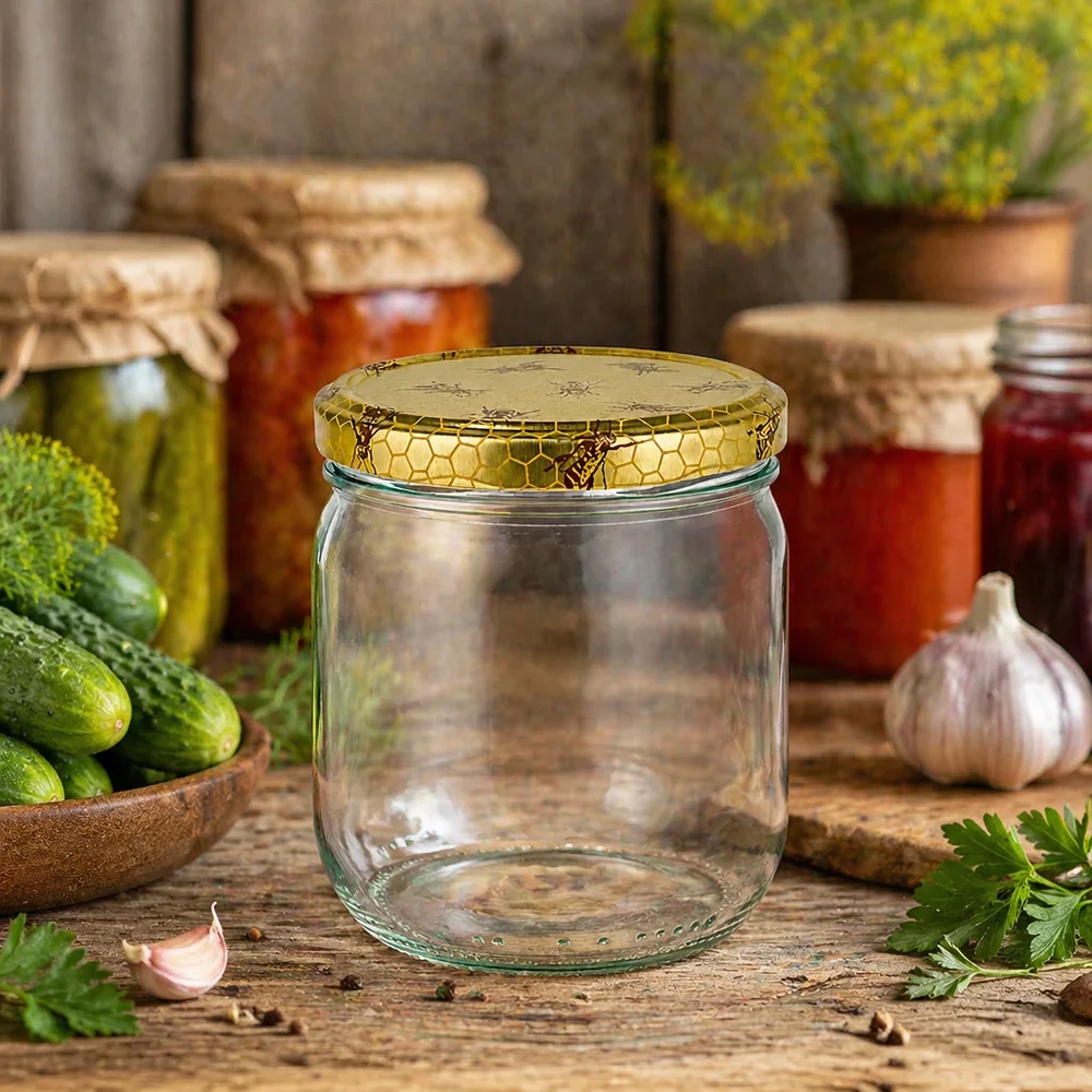 Vasetto per miele da 500 g con capsula con motivo a favo BasicSeal UNiTWIST 500g Honigglas mit Bienenwaben-Deckel in rustikaler Küchenatmosphäre mit Einmachgläsern und frischen Kräutern