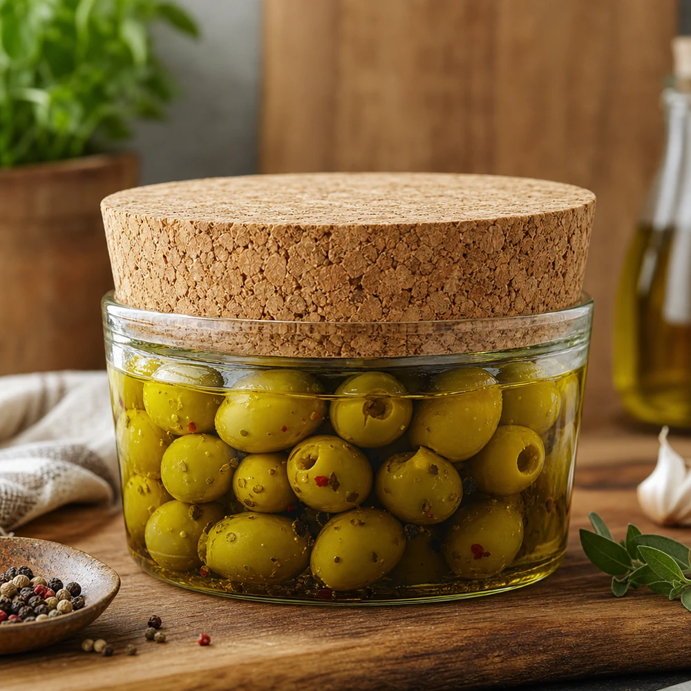 Sughero per apertura 40mm WECK RR40 (ø38/43, H=20mm) Eingelegte Oliven in Glasdose mit WECK Korken RR40 Naturkork Verschluss mediterrane Küche luftdichte Aufbewahrung 40mm