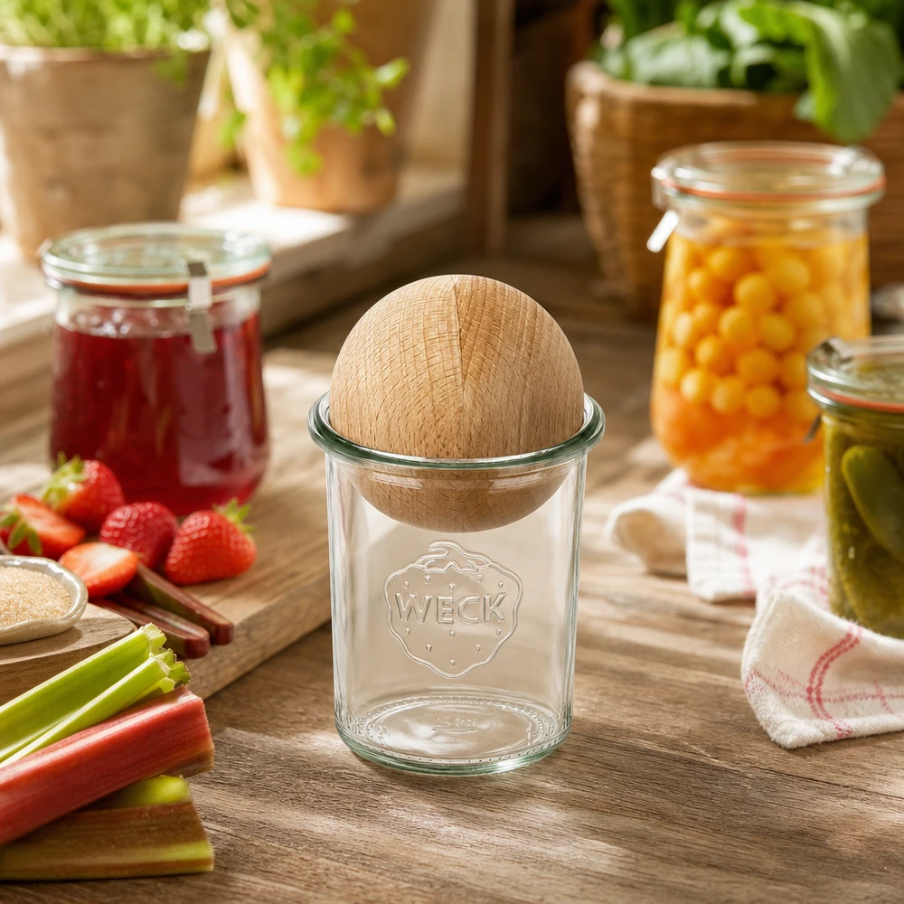 Bicchieri da 160 ml WECK RR60 con sfera in legno di faggio WECK Sturzglas 160ml mit Buchenkugel in rustikaler Küche neben Marmeladengläsern und frischen Zutaten dekoriert