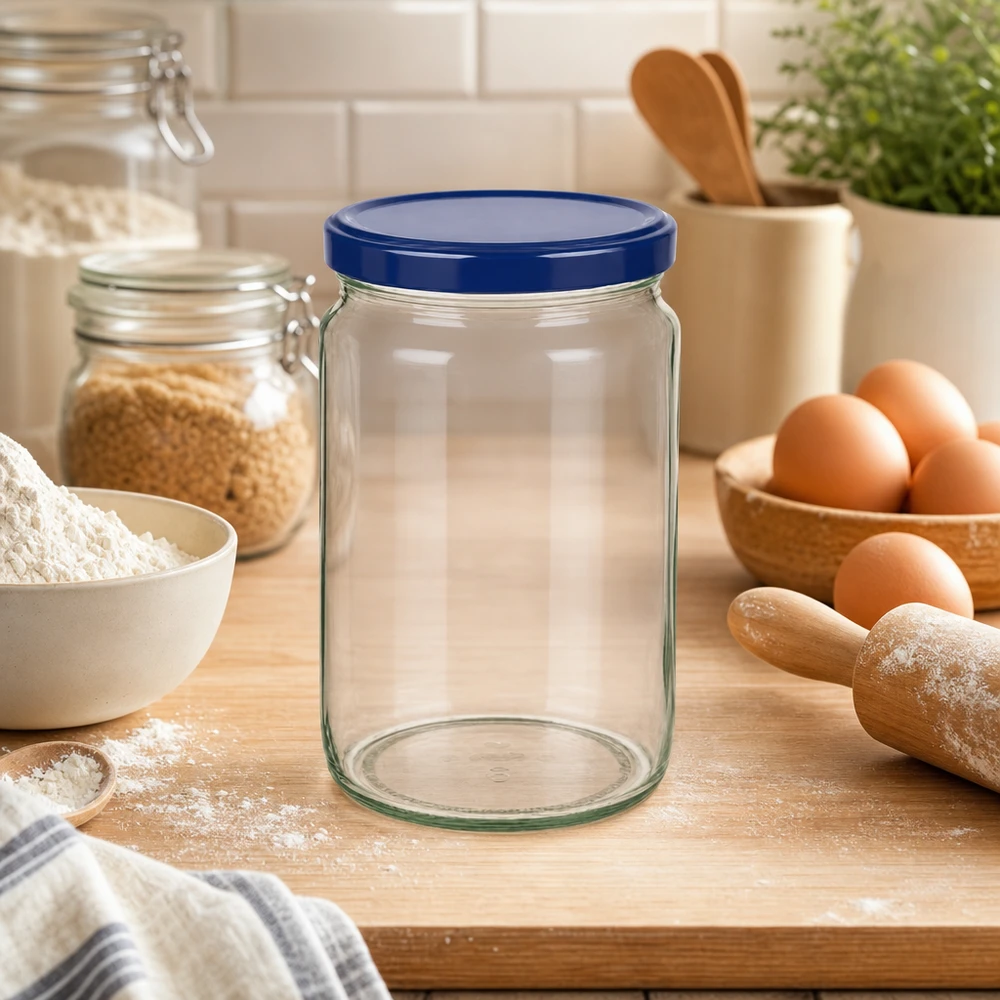 Barattolo rotondo da 795 ml + coperchio BasicSeal blu UNiTWIST 795ml Rundglas mit blauem BasicSeal Deckel auf Küchenarbeitsplatte mit Backzutaten Eiern und Mehl für Vorratshaltung