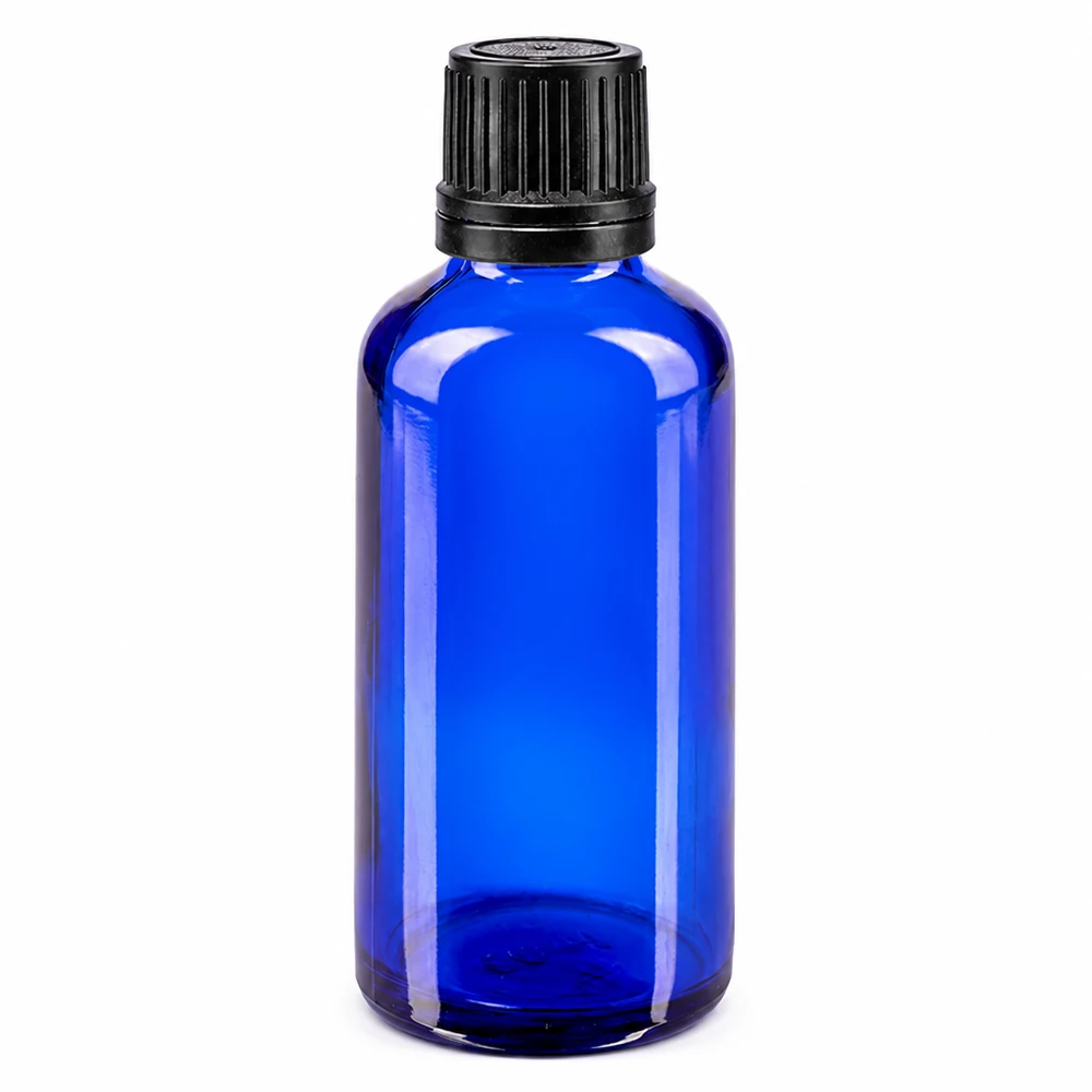 Flacone contagocce blu da 50ml OV nero/1mm ApoGlas Flacone in vetro blu da 50 ml con tappo OV nero e contagocce da 1 mm in vetro da farmacia