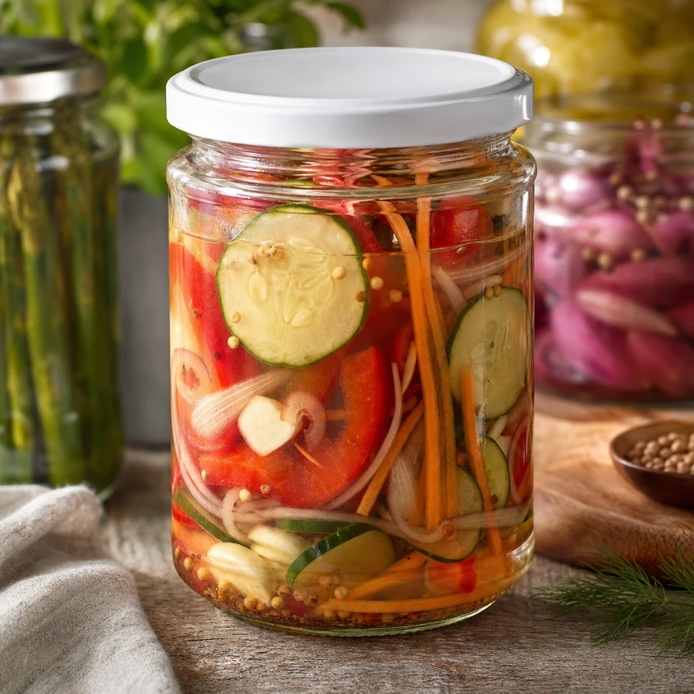 390ml Rundglas UNiTWIST mit eingelegtem Gemüse gefüllt - ideal für Pickles Fermentiertes und saure Konserven