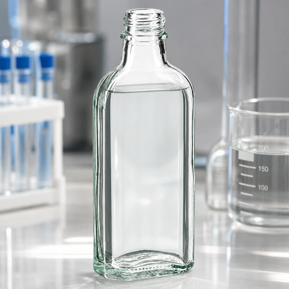 Bottiglia da 100 ml trasparente DIN22 Flacone Meplat piatto da 100 ml, trasparente, con filettatura DIN 22, utilizzato nei laboratori medici