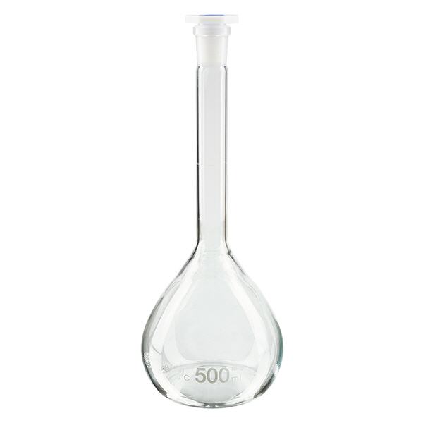 Matraccio volumetrico da 500 ml con giunto smerigliato standard e tappo in PEHD Matraccio volumetrico da 500 ml con giunto smerigliato standard e tappo in PEHD