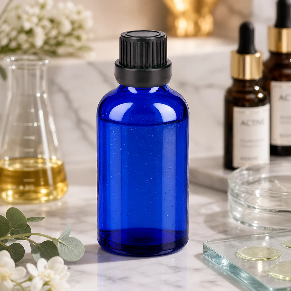 Bottiglia da 50ml 11mm SV nero OV BlueLine UT18/50 Elegante flacone di vetro di design da 50 ml in blu cobalto per prodotti cosmetici di alta qualità