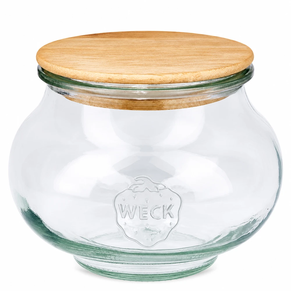 Barattolo per gioielli WECK 560ml RR80 con coperchio rotondo in legno di quercia Barattolo trasparente con logo Weck