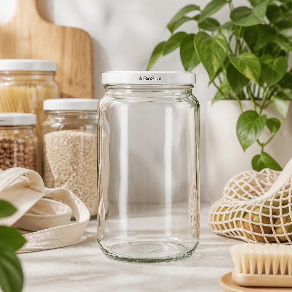 UNiTWIST Rounda795 con coperchio bianco TO82 BioSeal Barattolo UNiTWIST Runda795 con coperchio bianco TO82 BioSeal in cucina sostenibile a rifiuti zero con materiali naturali