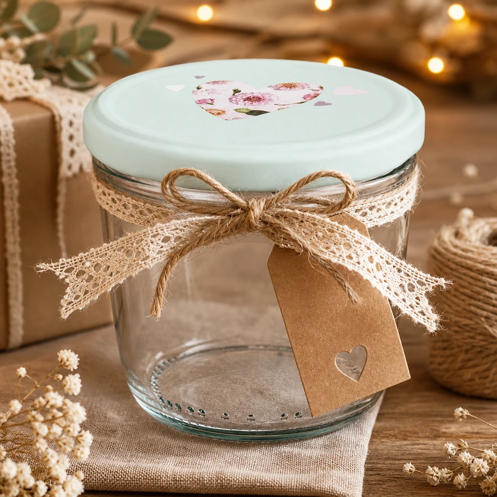 Bicchieri da 230 ml + coperchio BasicSeal cuore menta UNiTWIST 230ml Sturzglas mit BasicSeal Deckel Herz mint als Geschenkidee, dekoriert mit Juteschleife und Geschenkanhänger