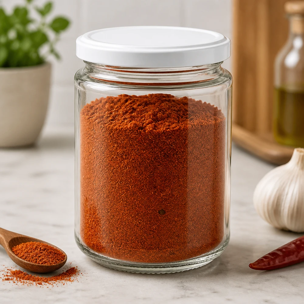 Il barattolo rotondo UNiTWIST da 390 ml riempito di paprika in polvere mostra il suo pratico utilizzo come barattolo per le spezie in cucina