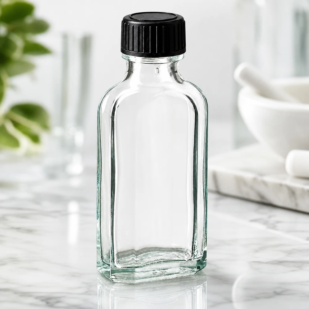 Tappo a vite trasparente Meplat da 50 ml con disco di tenuta LKD Flacone in vetro trasparente Meplat da 50 ml con tappo a vite nero su base in marmo