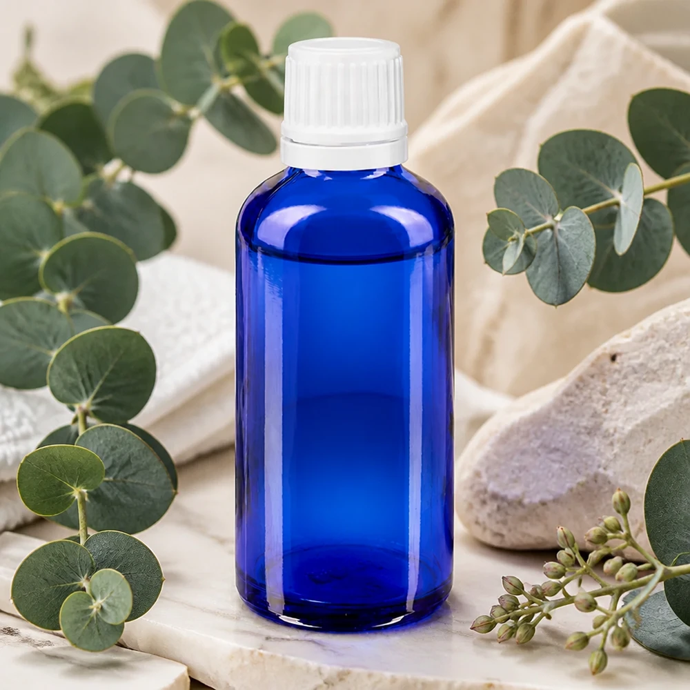 Flacone da farmacia blu da 50 ml con tappo OV bianco su un vassoio di marmo con ramoscelli di eucalipto