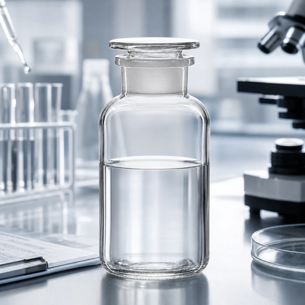 Bottiglia a spalla tonda da 500ml in vetro trasparente a collo largo con tappo Bottiglia a spalla arrotondata da 500 ml a collo largo, trasparente, su un tavolo da laboratorio con microscopio e piastra di Petri