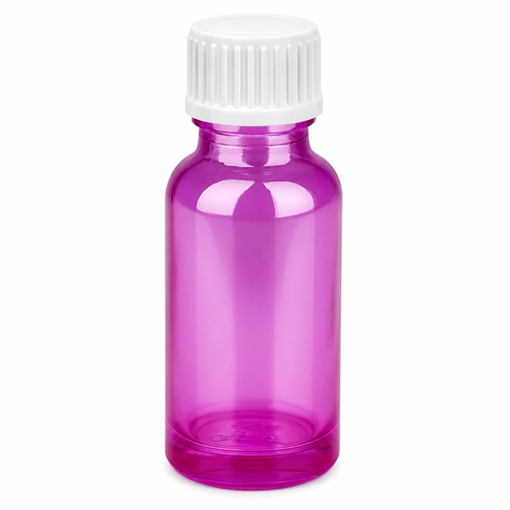 Flacone da 20 ml (globuli) con anello di versamento bianco standard PurpleLine.UT18/20 Flacone in vetro viola brillante da 20 ml con tappo bianco ideale per i cosmetici fai da te