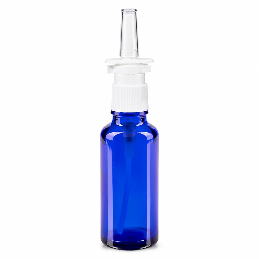 Flacone spray nasale da 30 ml in vetro da farmacia blu con erogatore bianco e puntale nasale trasparente