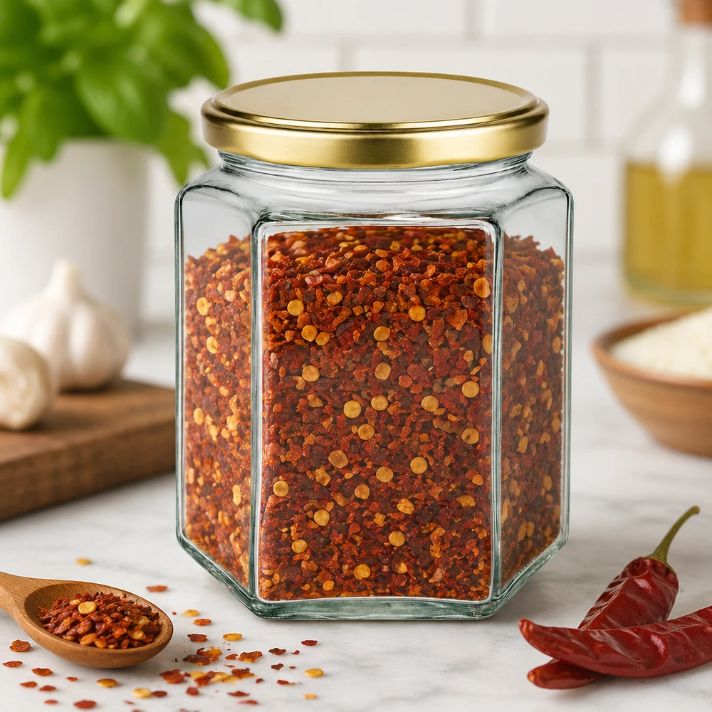 Vasetto per miele da 500 g con capsula dorata BasicSeal UNiTWIST Vasetto di miele BasicSeal esagonale da 500 g con tappo dorato riempito di fiocchi di peperoncino Spezie Cucina