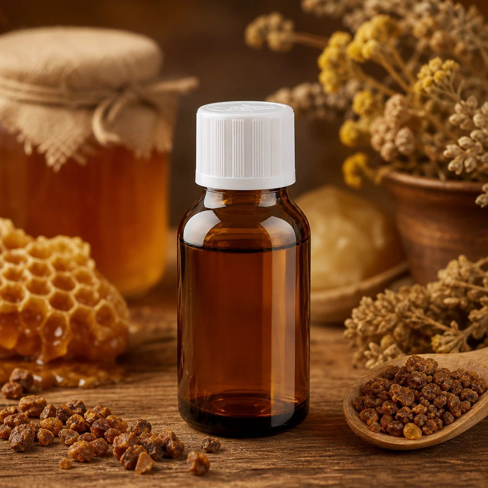 Estratto di propoli in flacone da farmacia marrone da 15 ml con tappo a vite bianco a prova di bambino