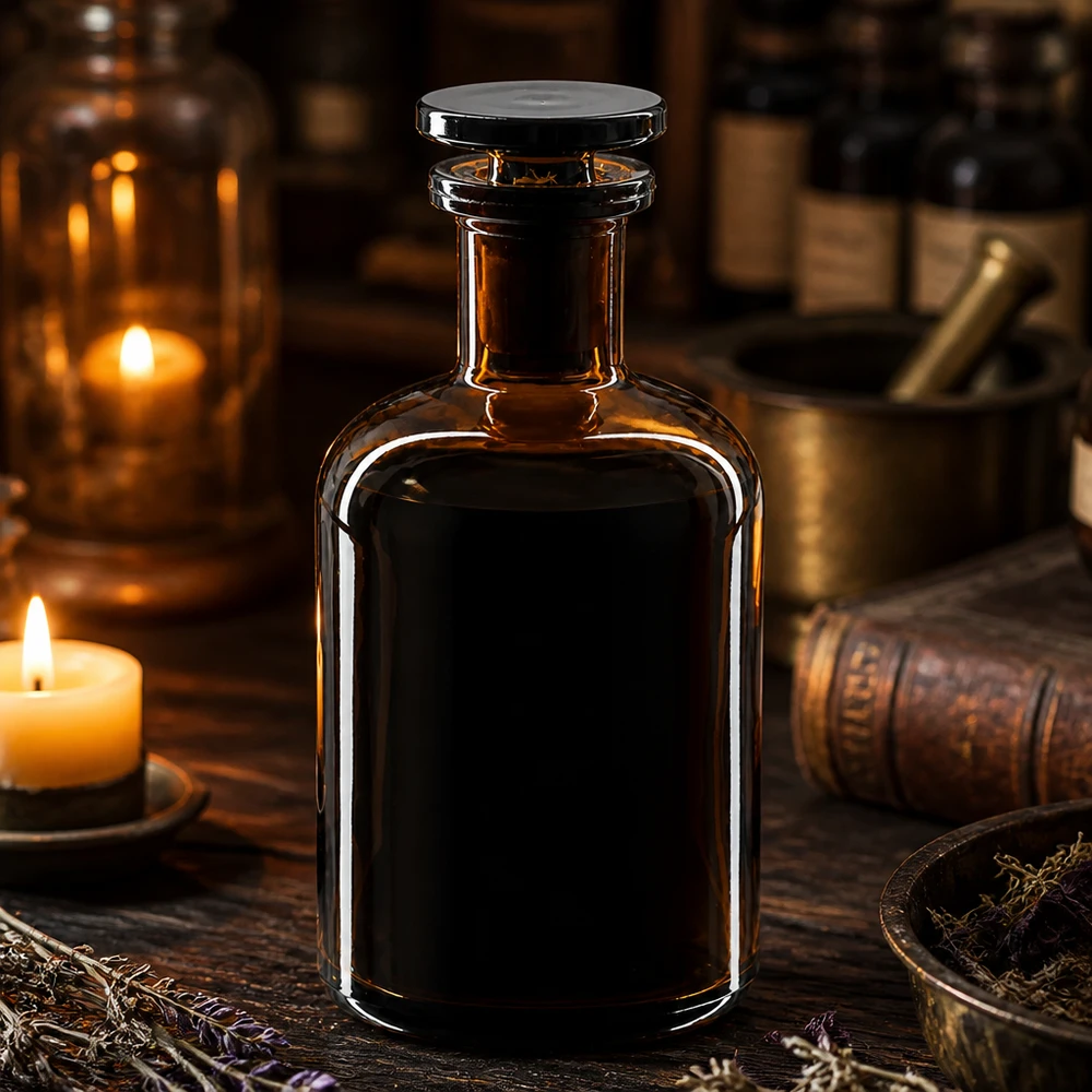Bottiglia a spalla tonda 100ml marrone collo stretto tappo in vetro Fiaschetta da farmacia vintage da 100 ml, marrone, con tappo di vetro, tra candele e libri antichi