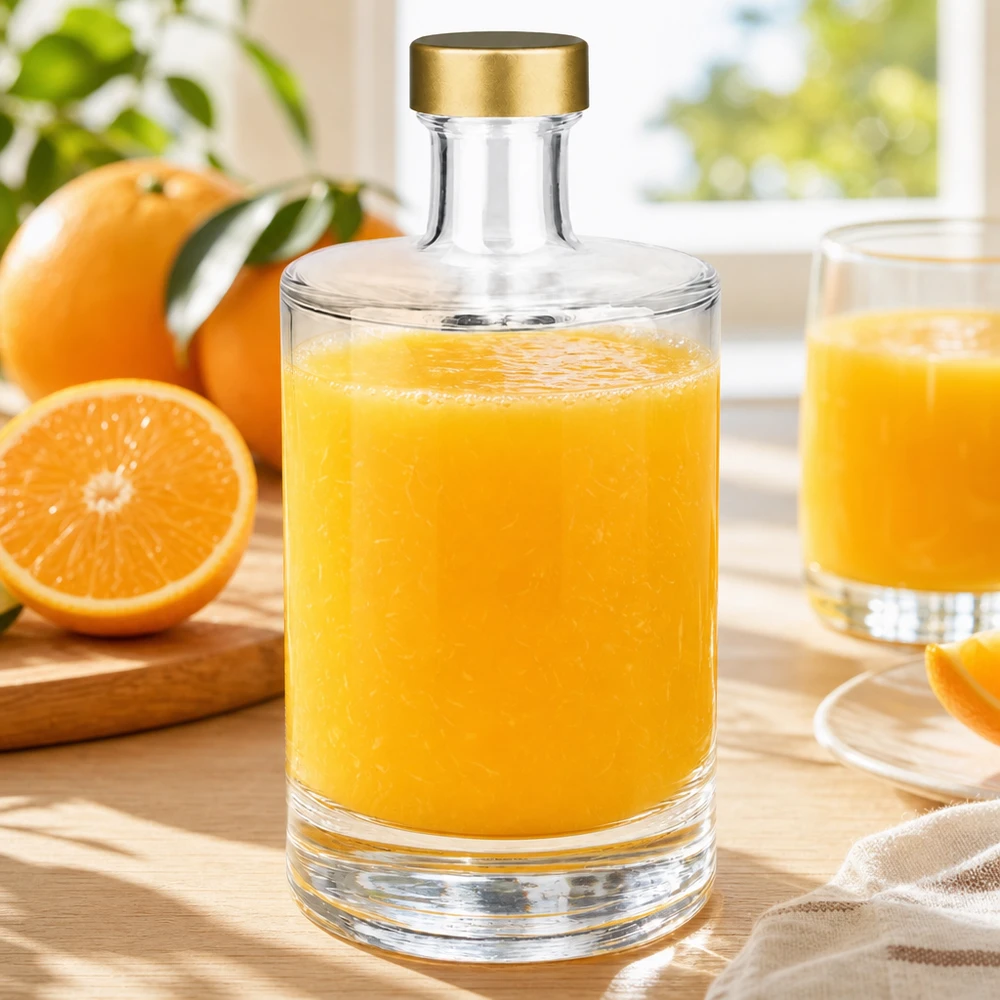 Bottiglia in vetro da 500 ml Sam + tappo a vite dorato UNiTWIST® 500ml Glasflasche Sam mit Orangensaft befüllt goldener UNiTWIST Verschluss frische Orangen Frühstücks Szene natürliches