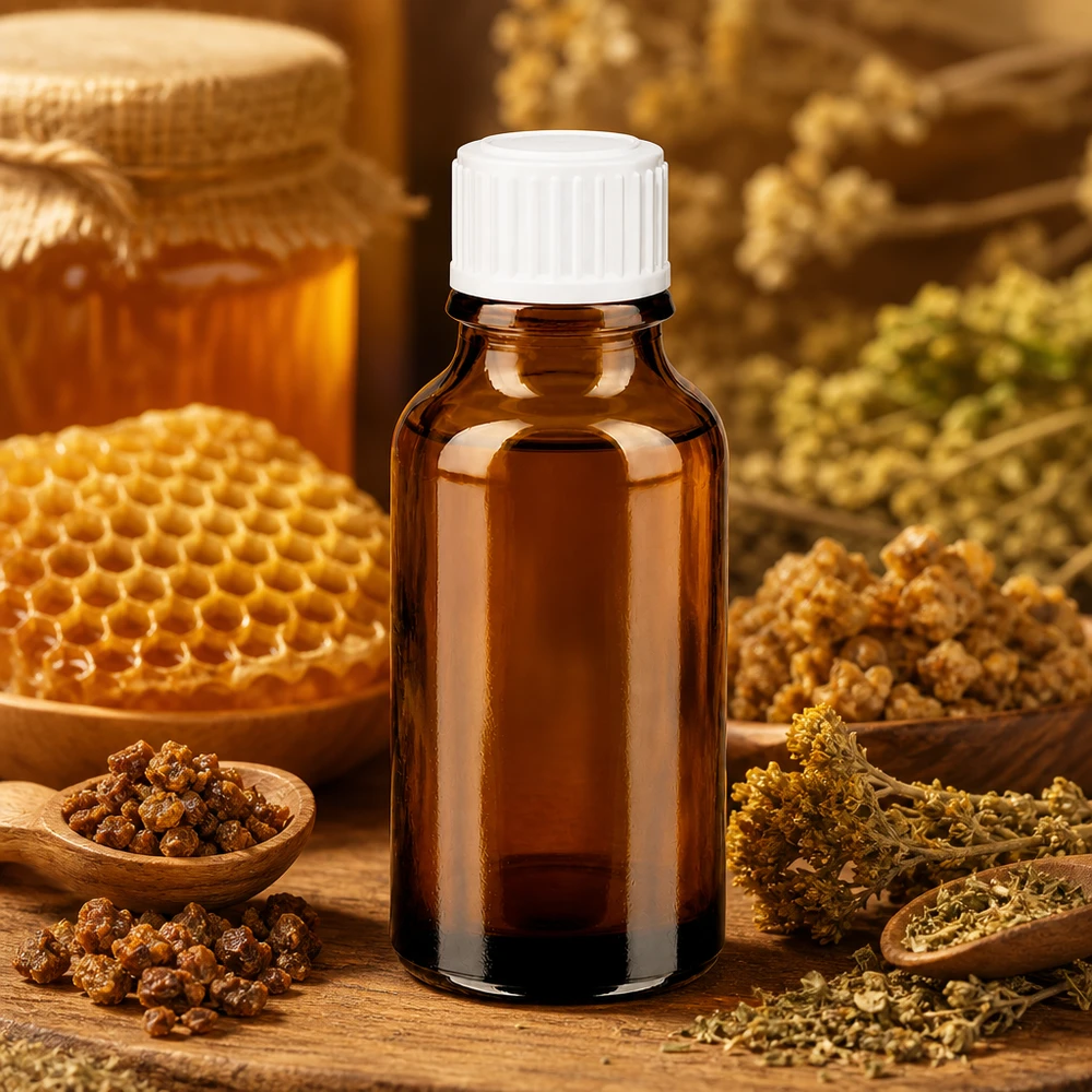 Flacone da farmacia marrone da 20 ml con tappo bianco, tra favi di miele ed erbe medicinali