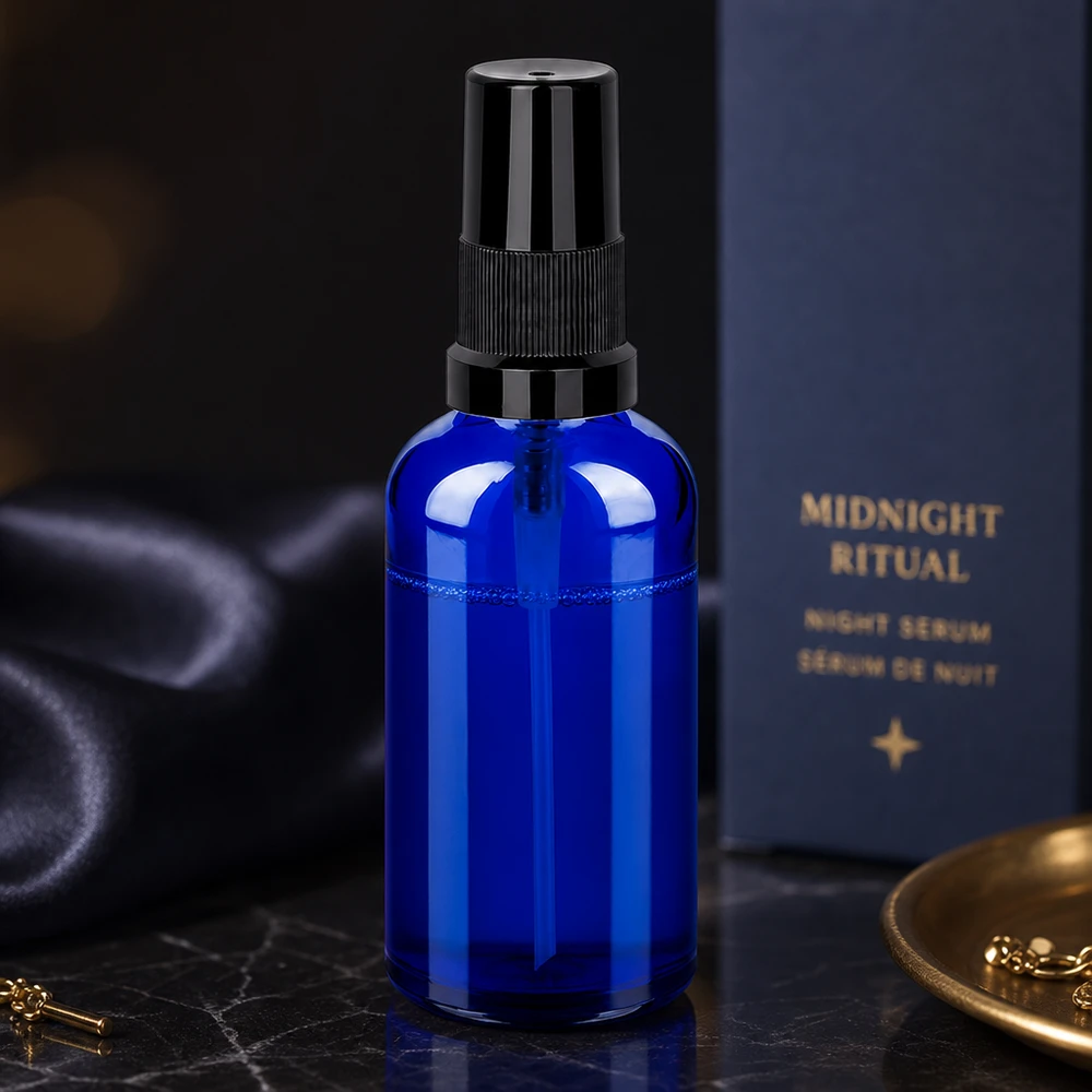 Flacone spray da 50 ml nero STD BlueLine UT18/50 Versatile flacone spray in vetro da 50 ml in blu con getto uniforme per cosmetici fai da te