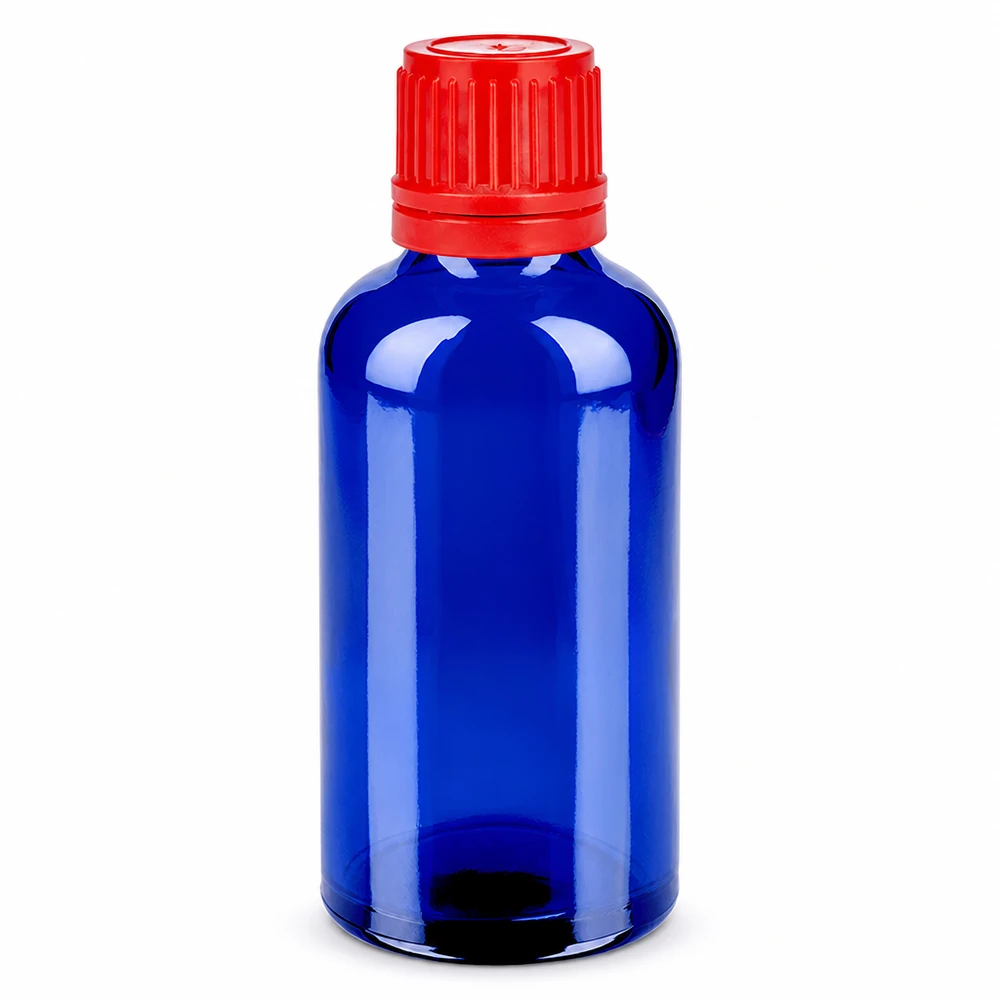 Bottiglia da 50ml 11mm SV rosso OV BlueLine UT18/50 Flacone da 50 ml per farmacia in vetro blu con tappo rosso a prova di bambino BlueLine UT18